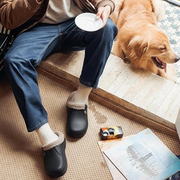 Women Black/Khaki Clogs Waterproof Winter Fuzzy Slippers Classic Fur Lined - Picture 2 of 6